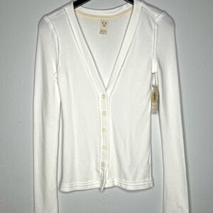 We The Free Cardigan V-Neck Long Sleeve Ribbed Button Front Ivory Small Boho